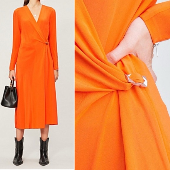 Rag & Bone Odette Side Drape Silk Orange Drape Effect Midi Dress BlairEadieBee S - Picture 4 of 15